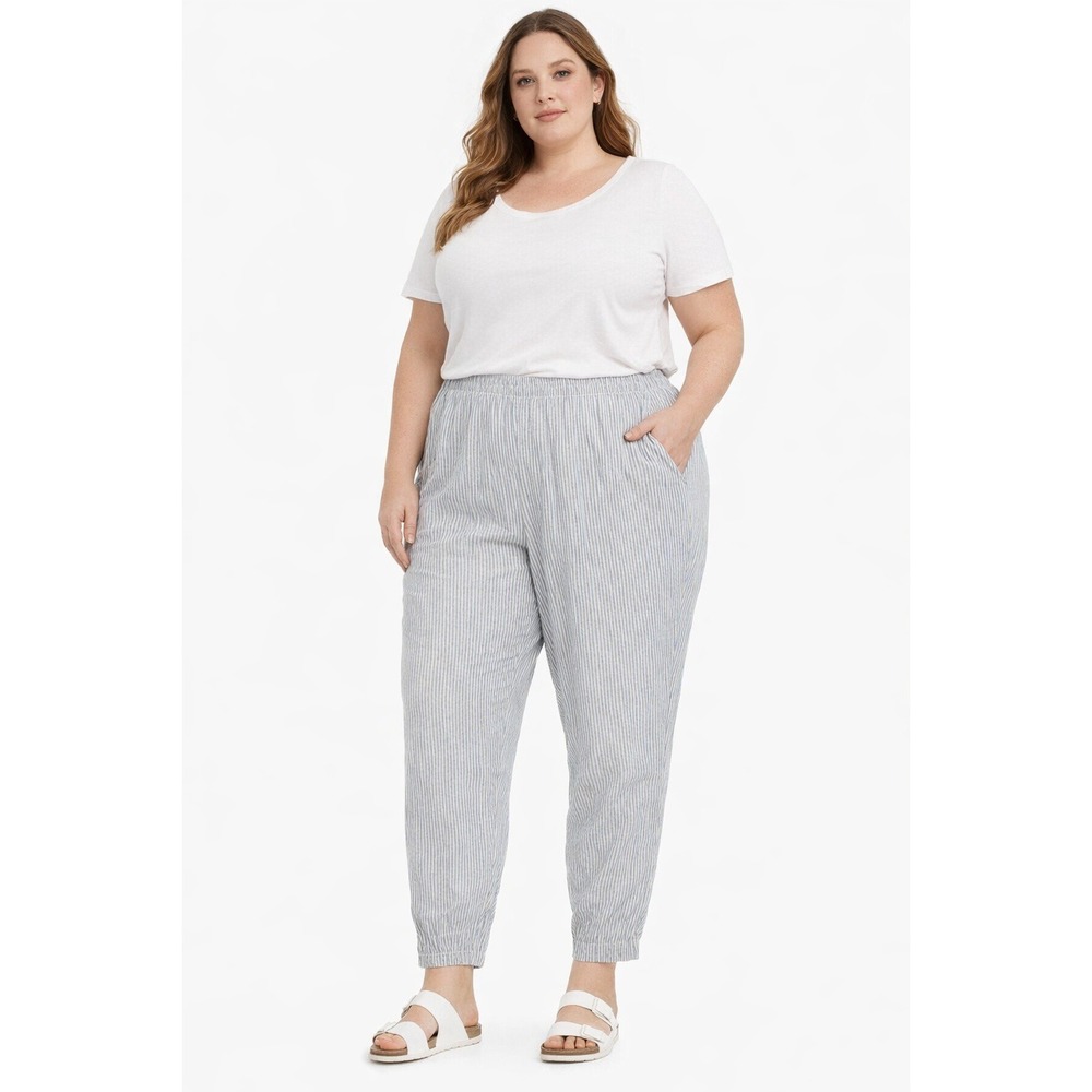 Old Navy Womens High Rise Straight-Leg XXL Stripe Pull-On Pockets Linen Blend
